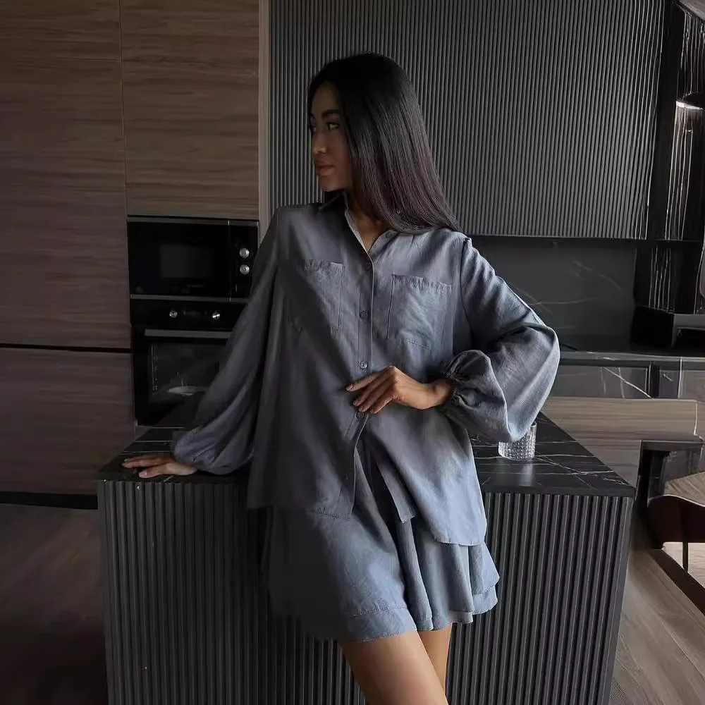 Women Two Piece Short Sets Cardigan Long Sleeve Shirt Turn Down Collar Button High Waist Shorts Ruffles Solid Pocket Casual