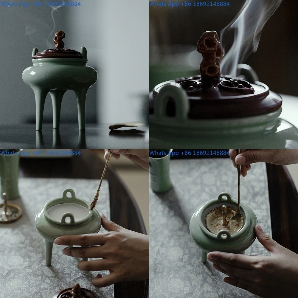 Handmade Song Style Three Leg Incense Burner with Wood Lid Aromatic Censer for Home Creative Display and Meditation Use