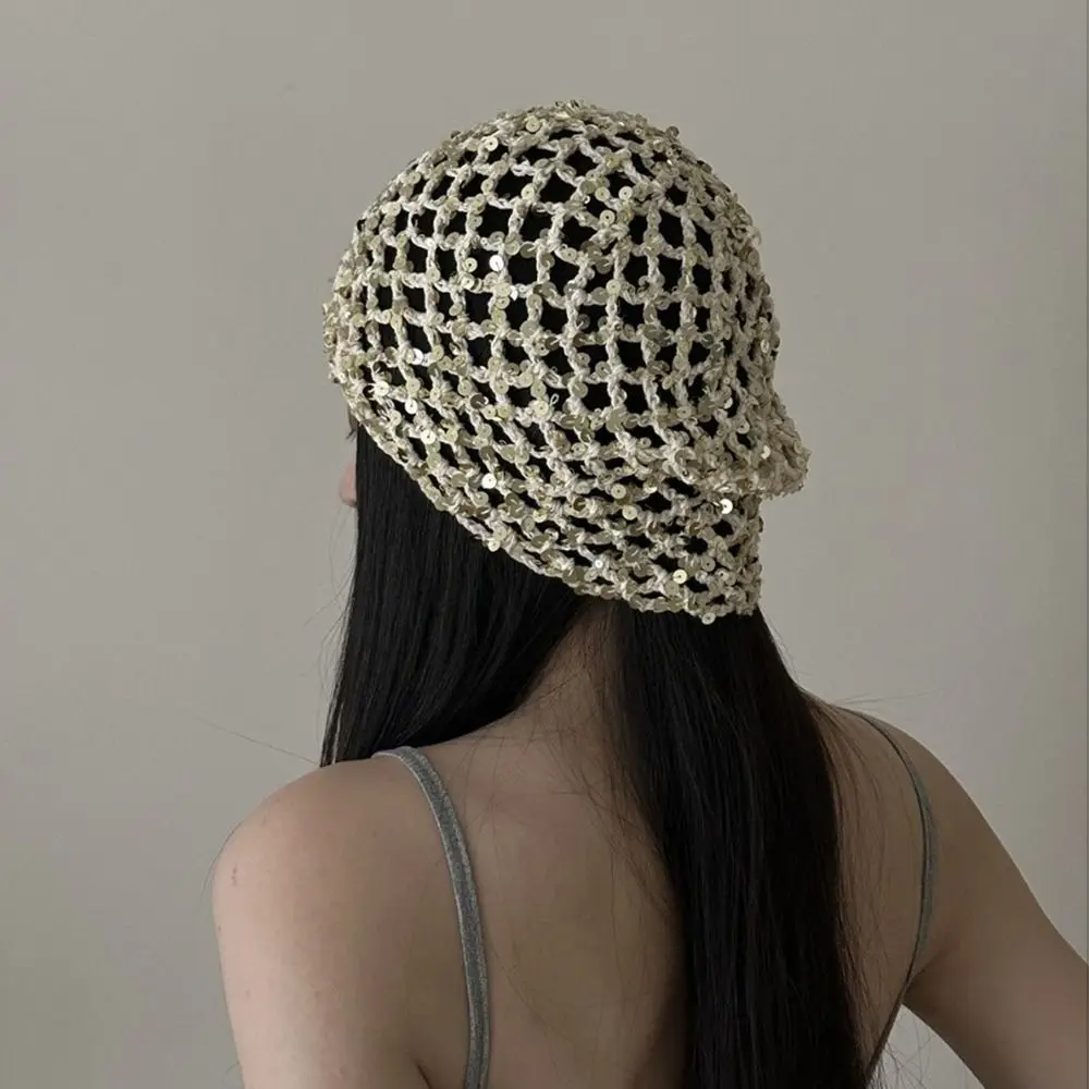 

Fashion Vintage Sequin Woven Cap Hollow Knit Sequin Bucket Hat Thin Y2k Beanie Hats Streetwear