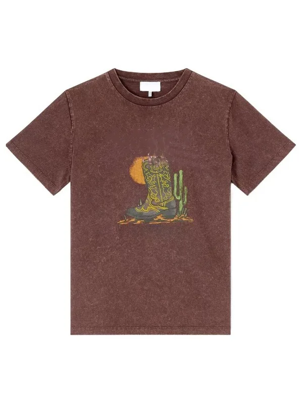

Женская хлопковая футболка Heidd Cactus Boot Print с коротким рукавом и круглым вырезом, в повседневном винтажном стиле, коллекция Весна-Лето