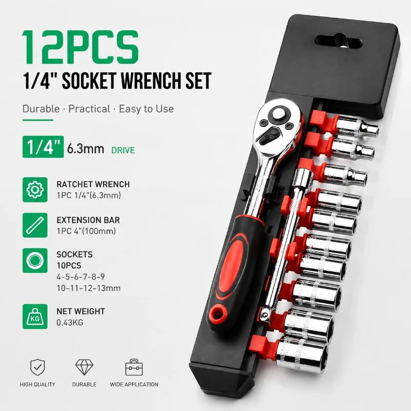 HOMEFISH 12 Pcs Wrench Socket Set Repair Tool Kit Universal for Motorcycle Bicycle Car Boat Auto Hardware Tools
