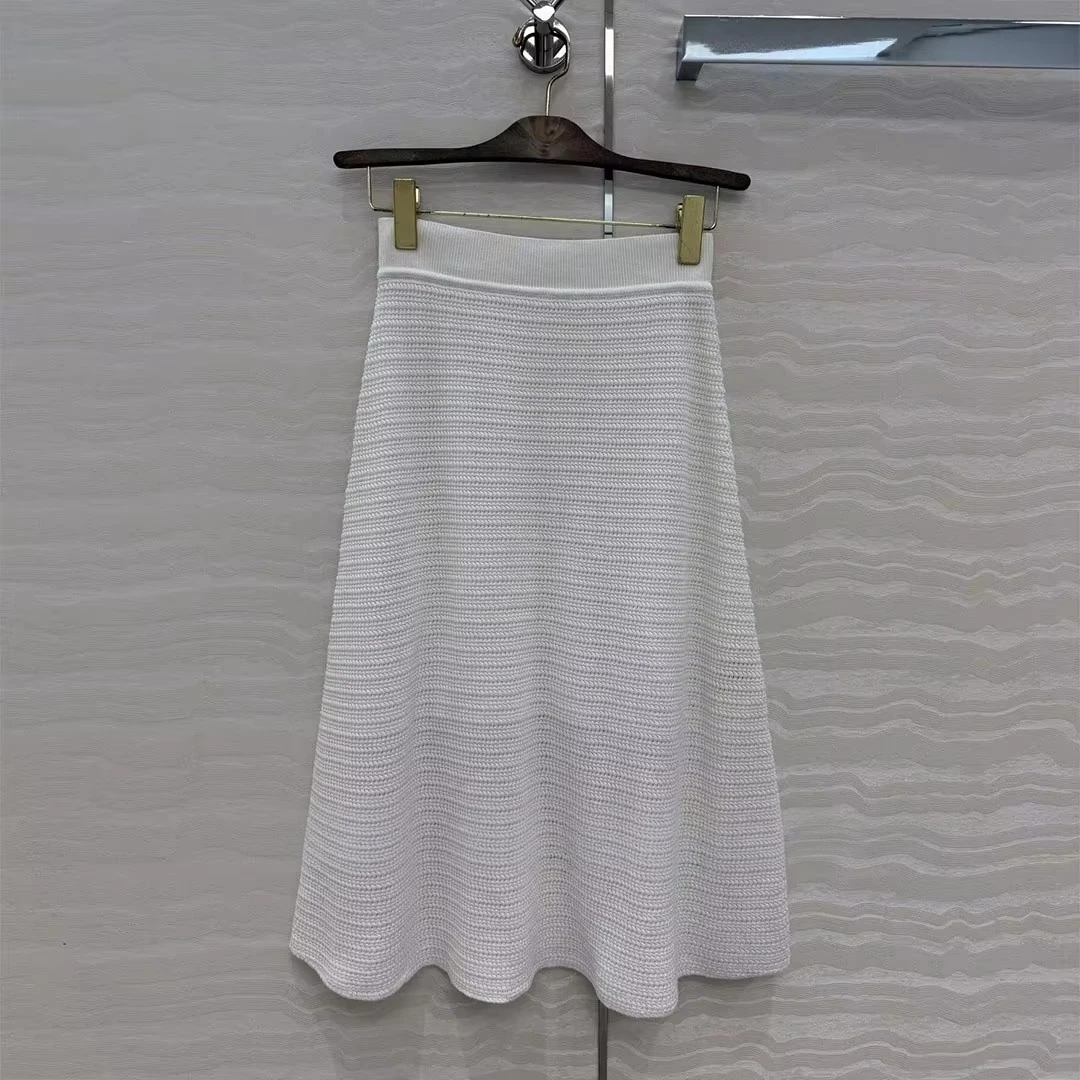 Old Money Style Hollow Out Crochet White Cotton Knit Long Skirts Women Elastic High Waist Sweet Elegant Fashion A-line Skirt