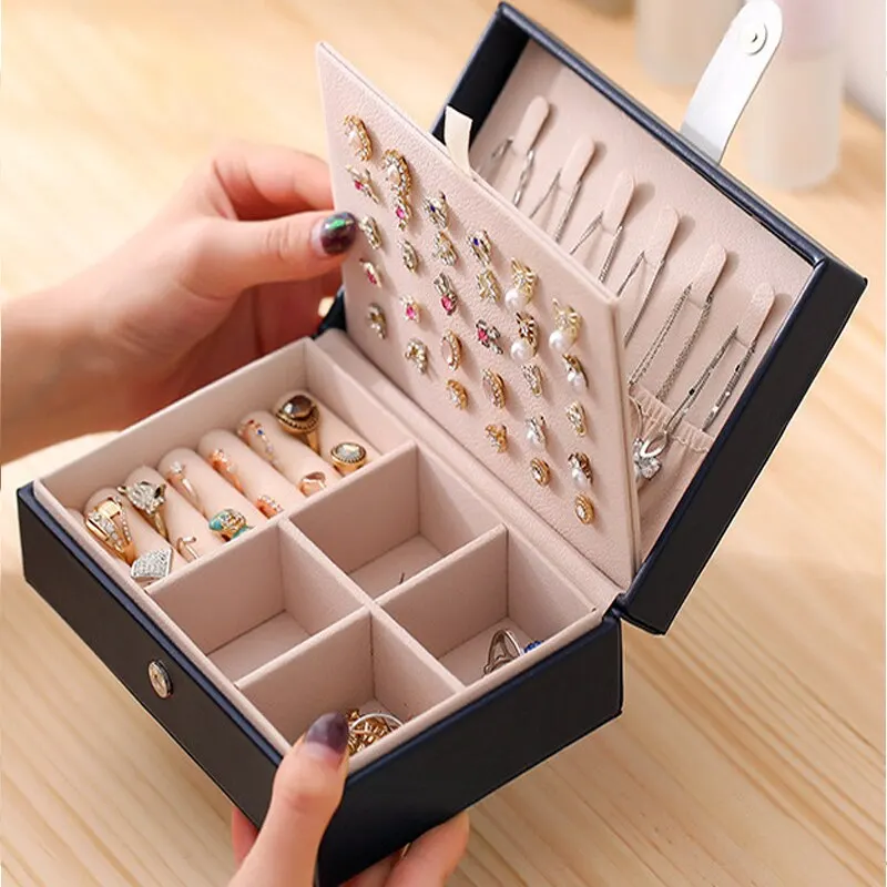 1pcs Double Layer Storage Box Ladies Princess Simple Style Leather Flip Type Jewelry Box Travel Home Portable Jewelry Box