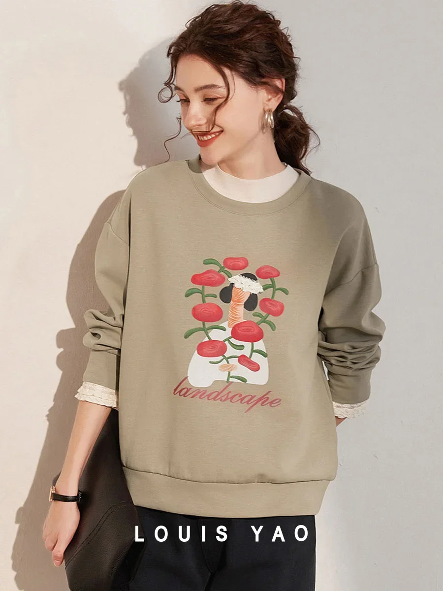 LOUIS YAO 2025 Autumn Round Neck Long Sleeve Spliced Lace Casual Fashion Micro Elastic Loose Printed Shoulder Women's Hoodie