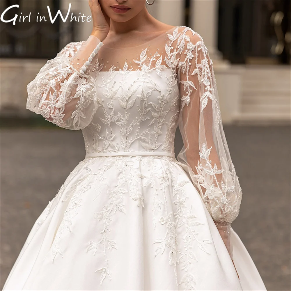 Princesa marfim cetim vestido de casamento uma linha mangas compridas vestidos de casamento personalizado apliques botão vestido de noiva novia