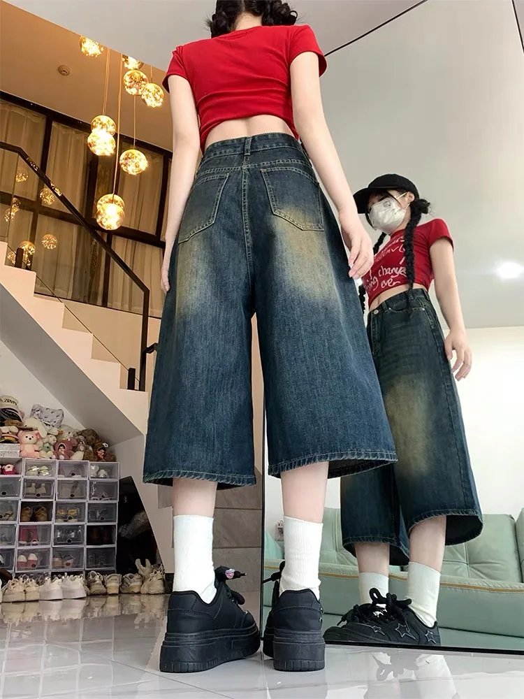 Plones cortos de mezclilla de pierna ancha azules Retro americanos para mujer, plones cortos hoados de talla pequeñ...