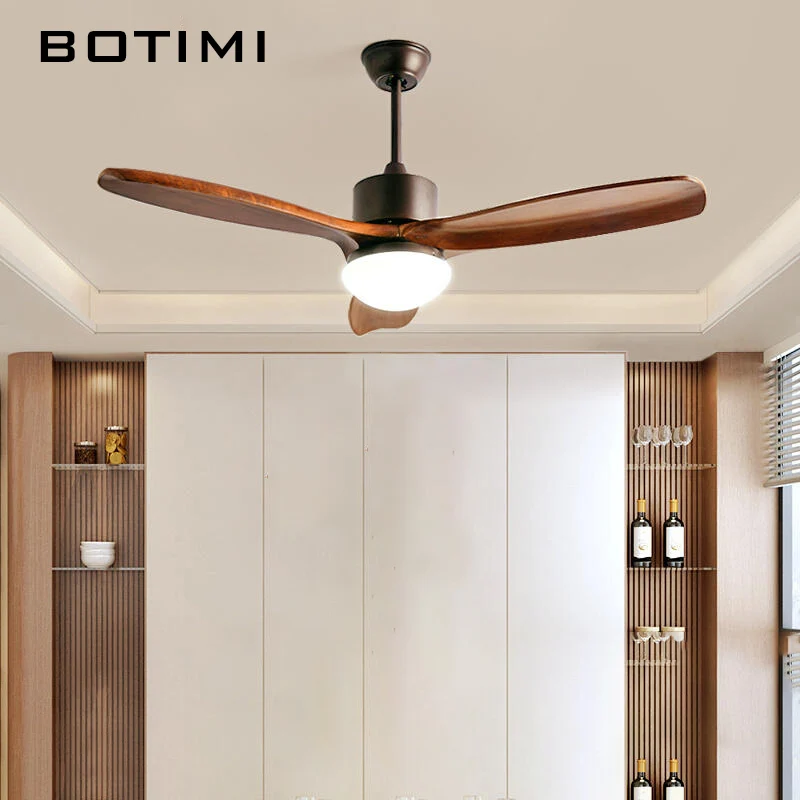 BOTIMI 48 Inch Solid Wood Ceiling Fan With Lights For Living Room Remote Control Ventilateur de plafon Bedroom Cooling Fan Lamp