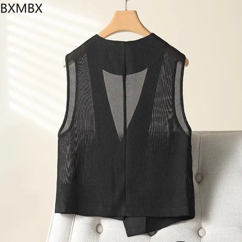 Premium flocking thin mesh vest short2025 summer tide  asymmetrical vest vest air-conditioned shirt for women