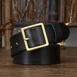 Cinturón de cuero genuino de vaca puro de 3,3 CM para hombres y mujeres, cinturones de hebilla de latón de alta calidad, cinturón a juego de diseñador de moda de vaquero