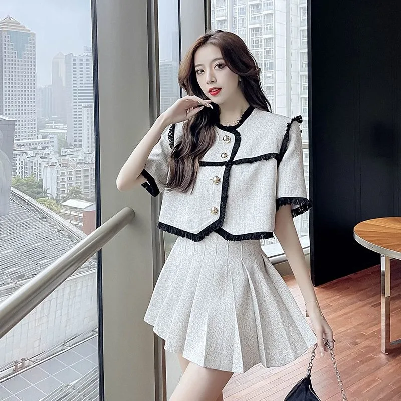 Insozkdg Skirt Suits Fashion Small Fragrance Short Sleeve Blazer Pleated Skirt for Women Spring Summer New Fashion Two-piece Set