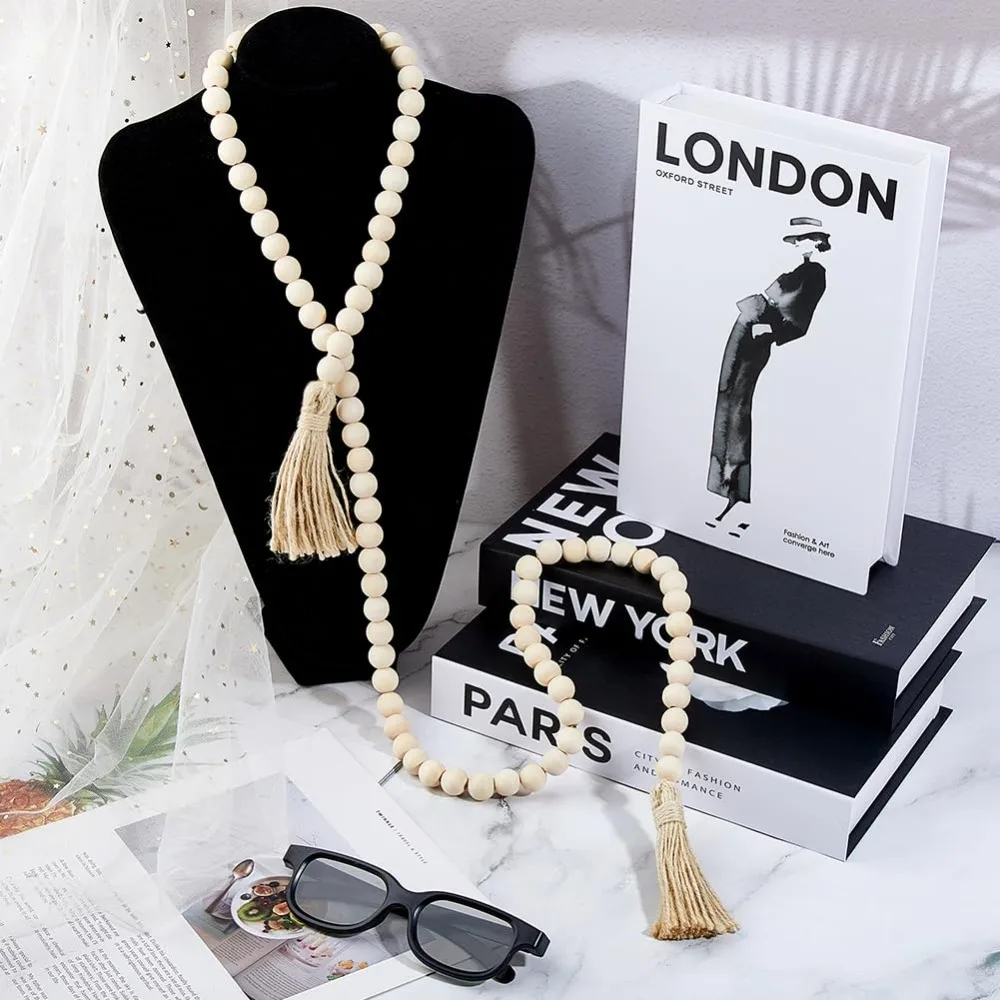 3Pcs Decorative Books for Home Decor Coffee Table Books Faux Book for Decoration Stacked Book with 1Pc Wood Beaded Pendant