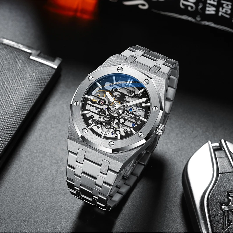 CHENXI High End Hollow Out Fully Automatic Men's Mechanical Watches Silver Black Stainless Steel Strap Watch For Man 2025
