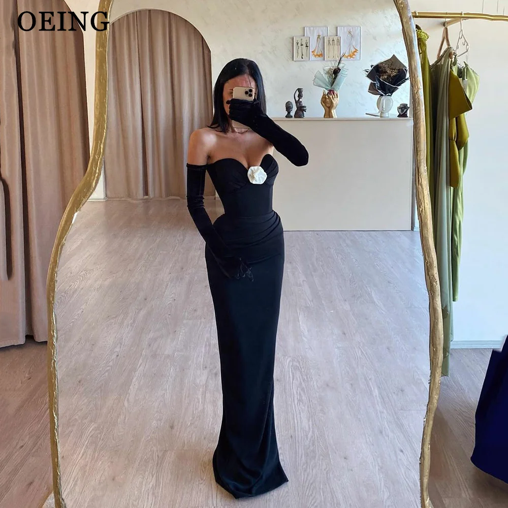 OEING Black Trumpet Prom Dress Elegant Strapless Pleated Evening Dresses With Flower Formal Gown Vestidos Para Mujer Customized