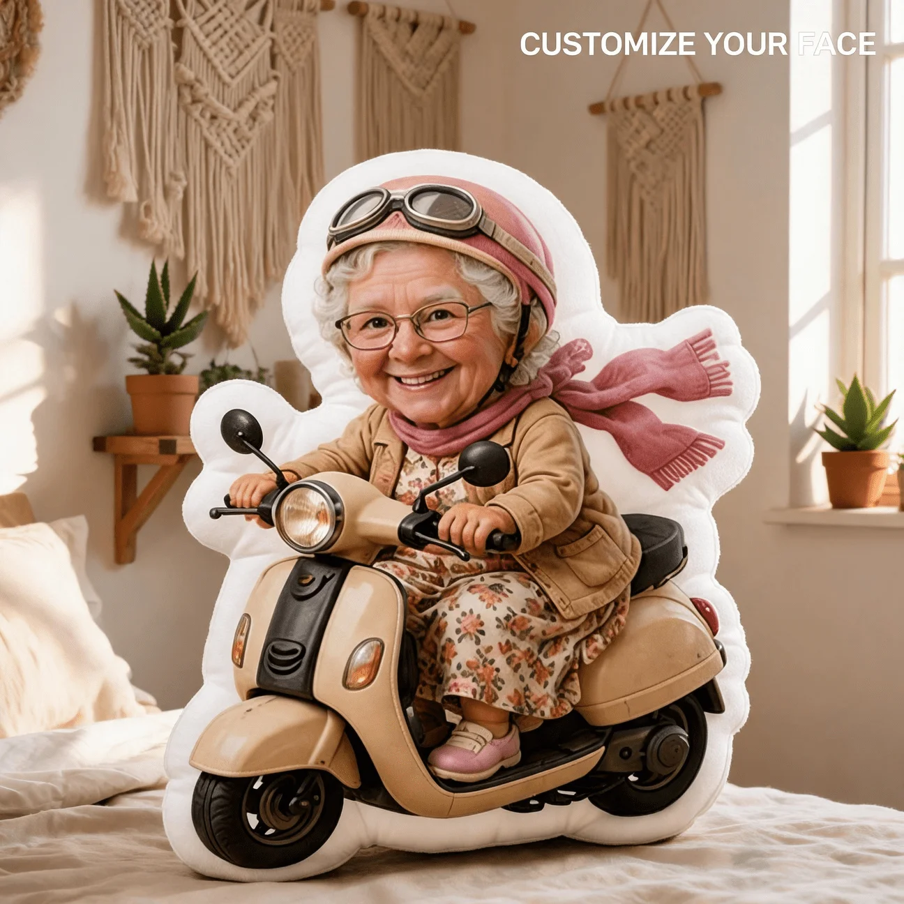 Customized personalized photo face pillows, fun expressions for elderly women riding electric bikes with decorative cushions, 60