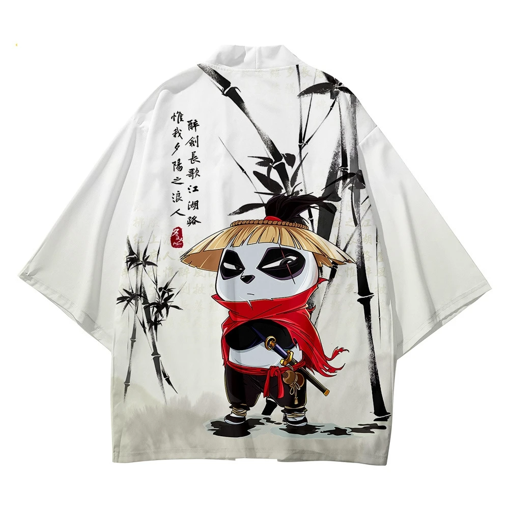 

2023 Panda Print Chinese Style Robe Fashion Japanese Kimono Beach Harajuku Men Women Cardigan Haori Asian Clothes Pant