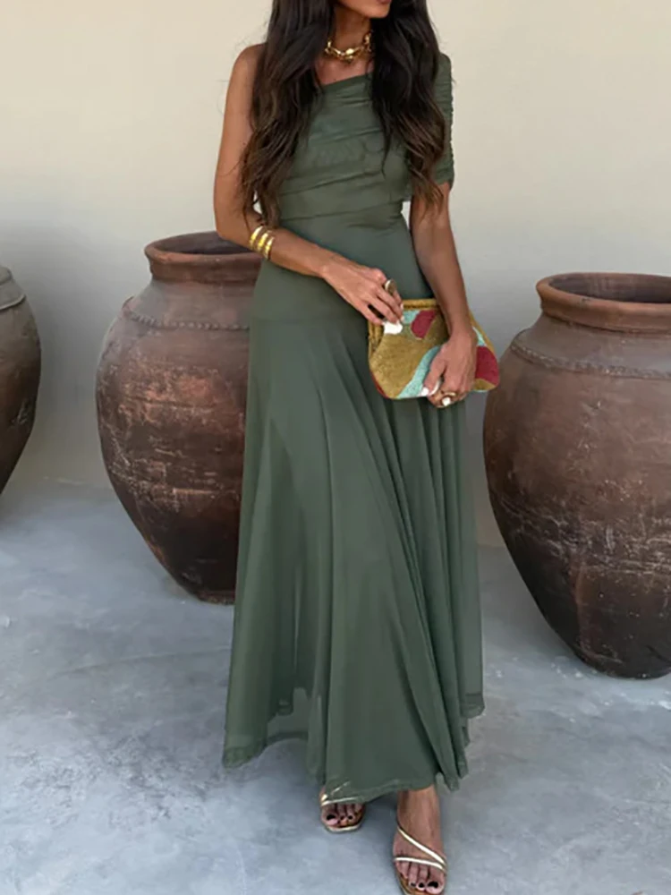 Women Diagonal Collar Summer Solid Long Dress Female Sleeveless Backless Pleated Party Dress 2023 Casual Streetwear Maxi Dresses