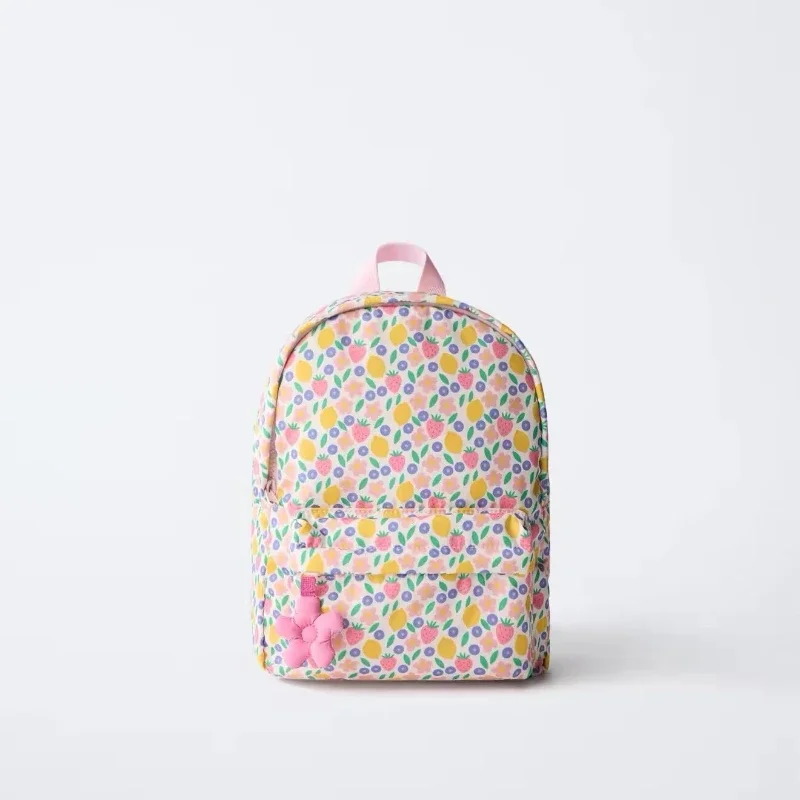 New Fashion Popular Cute Fruit Pattern Unisex Backpack Pink Flower Decoration Student School Bag Casual Large Capacity Backpack