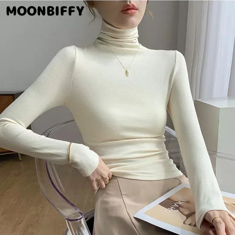 MOONBIFFY Autumn Winter Women Thin Turtleneck Inside Wear Bottoming Shirt Long Sleeve Tight Slim Fit T-shirts Solid Color Tops