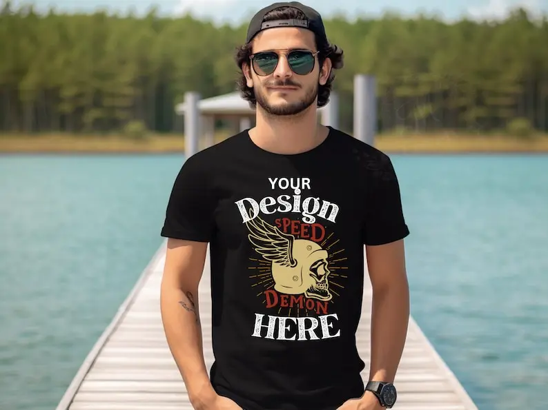 

Men's Lake Lifestyle Black Tee: Aesthetic Mockup