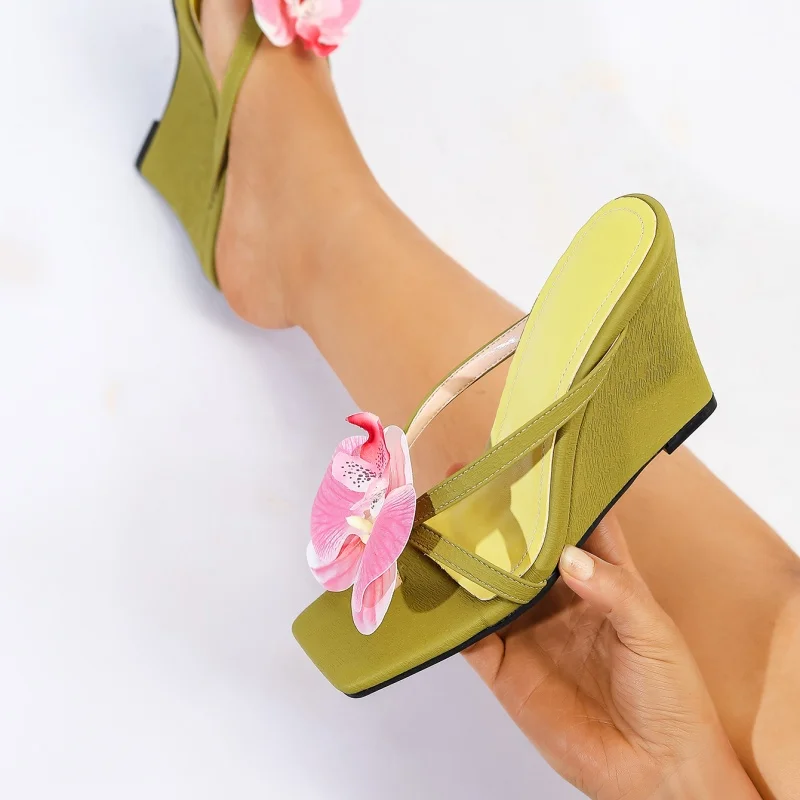 

Square Clip Toe Wedge High Heel Slippers Women Flower Decor Green White Half Shoes Thai Vacation Beach Sandals Large Size 43