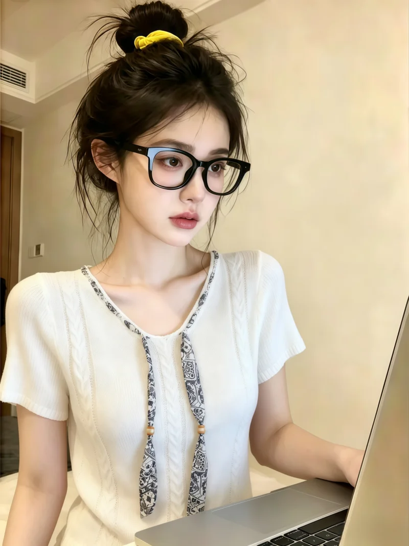 

Elegant V-Neck Short Sleeve Knitwear with Silk Scarf Self-Preservation Style Women's Summer Fashionable Age-Defying Top