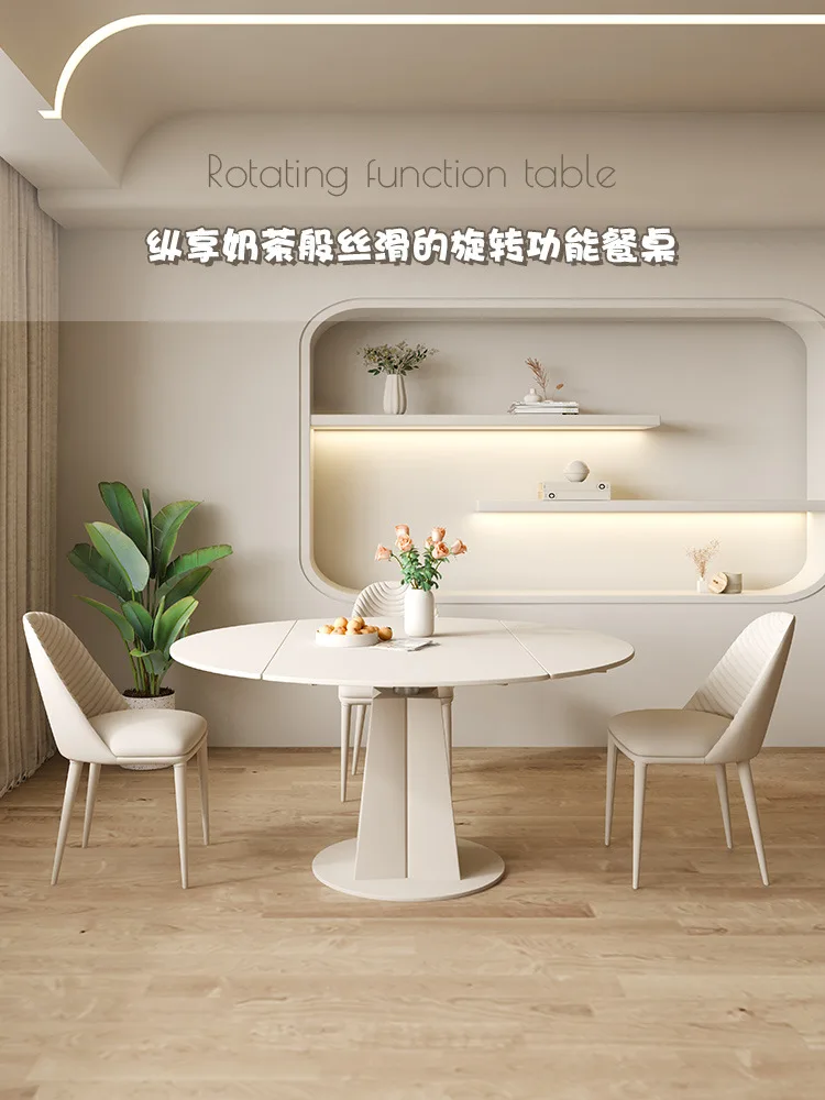 Cream wind pure white rock slab multi-functional deformation rotating dining table square and round dual-purpose vari