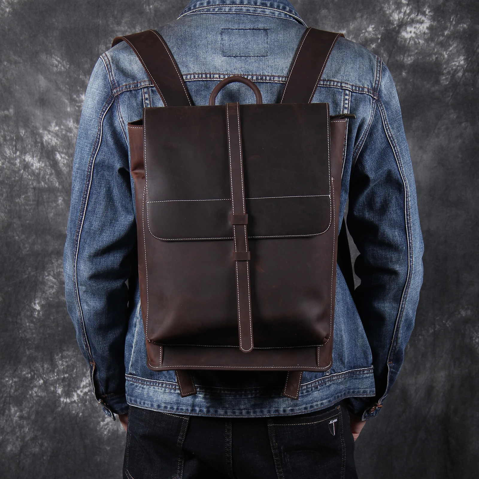 Vintage Echtleder Herrenrucksack Handgefertigte Top-Grain-Leder Laptop-Umhängetasche Crazy Horse Tasche Mode für Männer – Detail 6