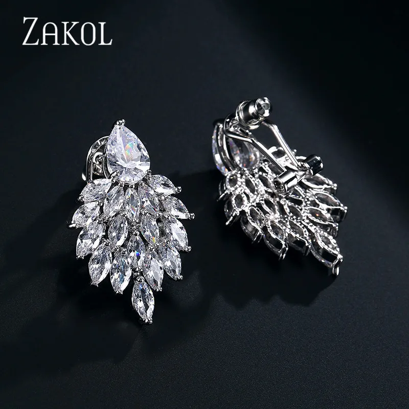 ZAKOL Fashion Water Drop Cubic Zirconia Leaf Stud Earrings for Women Wedding Party Bridal Jewelry EP4084