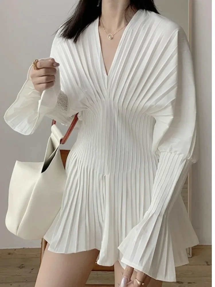 

Fashion Women's Blouses Puff Sleeve Folds Solid Color V-neck Girdle Waist Slim Pullover Shirts Summer 2024 New XF840