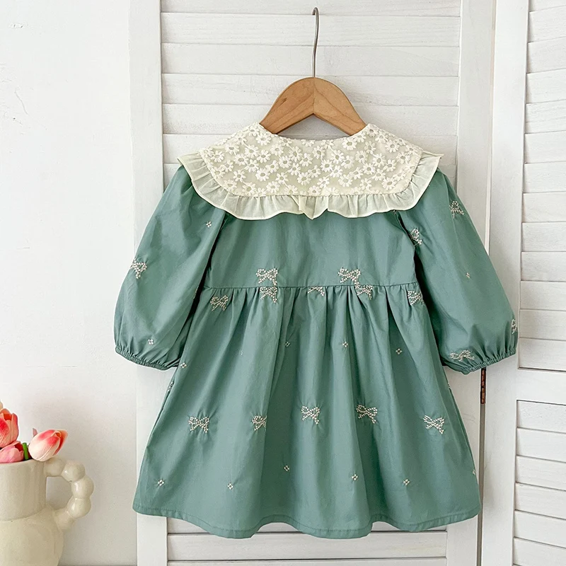 2024 Family Sister Matching Dress Outfit Baby Girls Clothes Embroidered Bow Large Lapel Girl Dress Baby Romper Princess Dresses - view 6