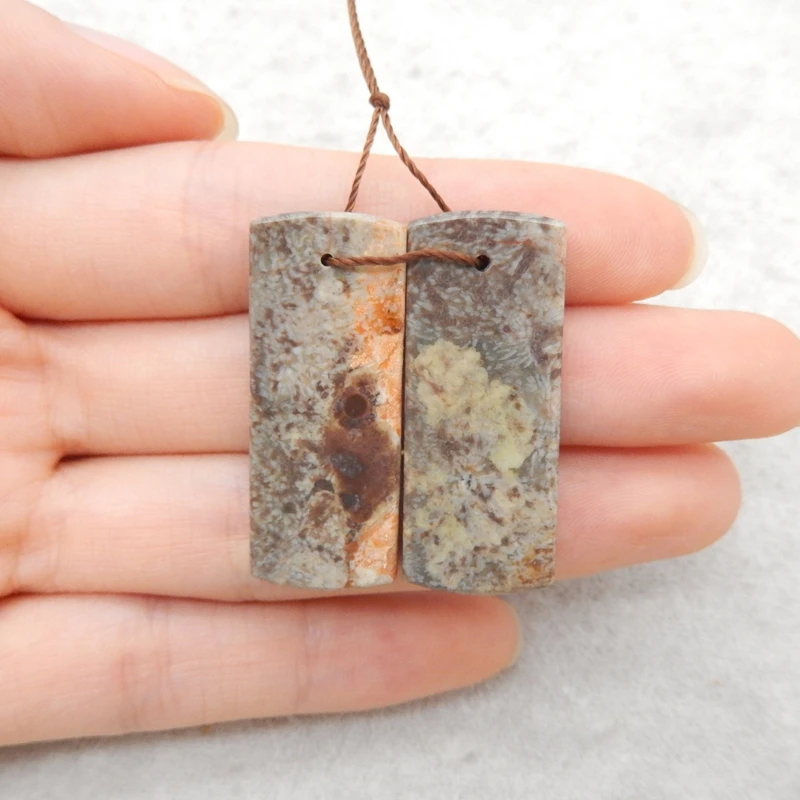 

2PCS Mushroom Jasper Rectangular Pendant Pair – Cloud-Like Earthy Gemstone Jewelry Components 34x14x4mm-8.1g