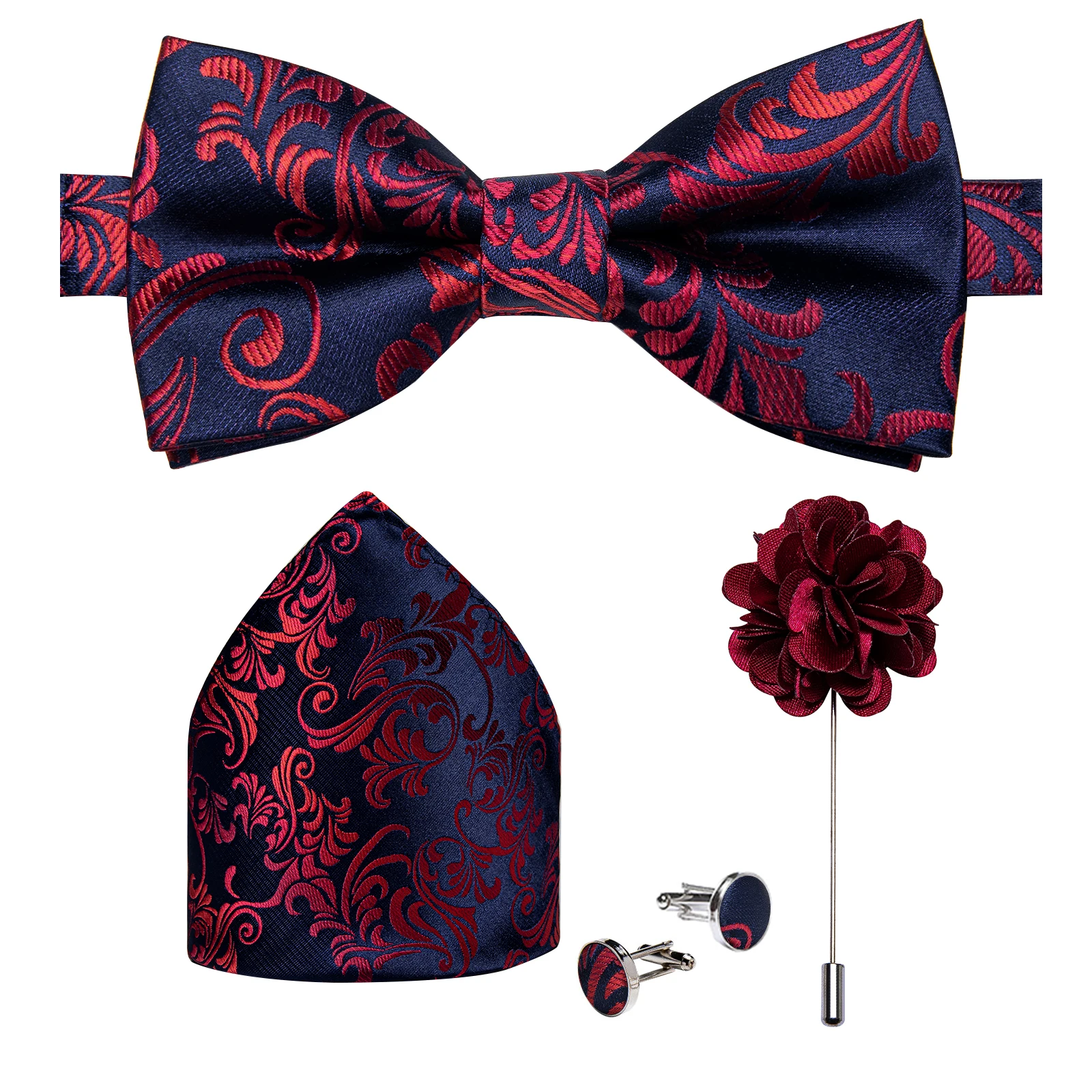 Hochzeitsfliege für Herren, klassisch rot, vorgebundene Fliege, Manschettenknöpfe, Ansteckblume, Set für Partys, Schmetterlingsknoten, Geschenk, Herren-Accessoires – Detail 23