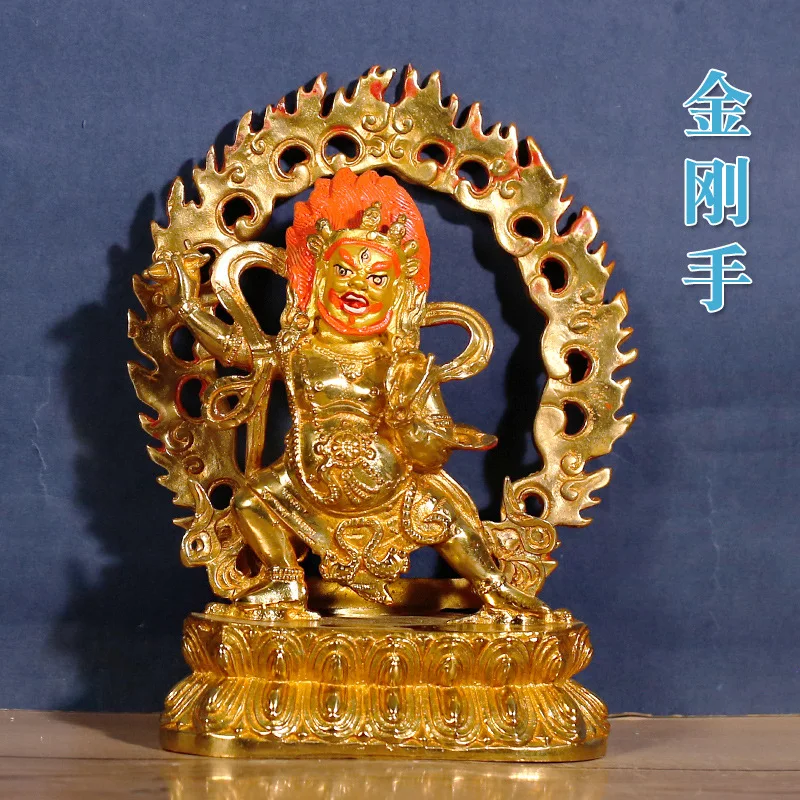 Tibetan Tantric Bronze Vajra Hand Bodhisattva Wealth God Small Buddha Statue Fully Gilt and Painted for Home Temple Deco
