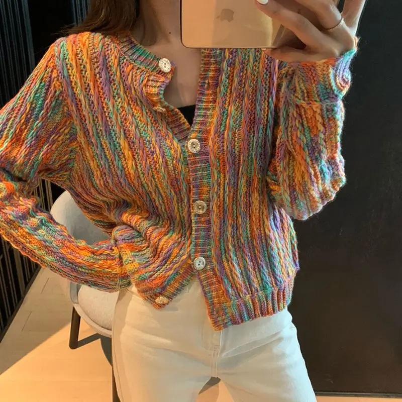 Women\'s Temperament Fashion Rainbow Color Autumn Winter Korean Loose Long Sleeve Button Knitted Cardigan for Female Sweater