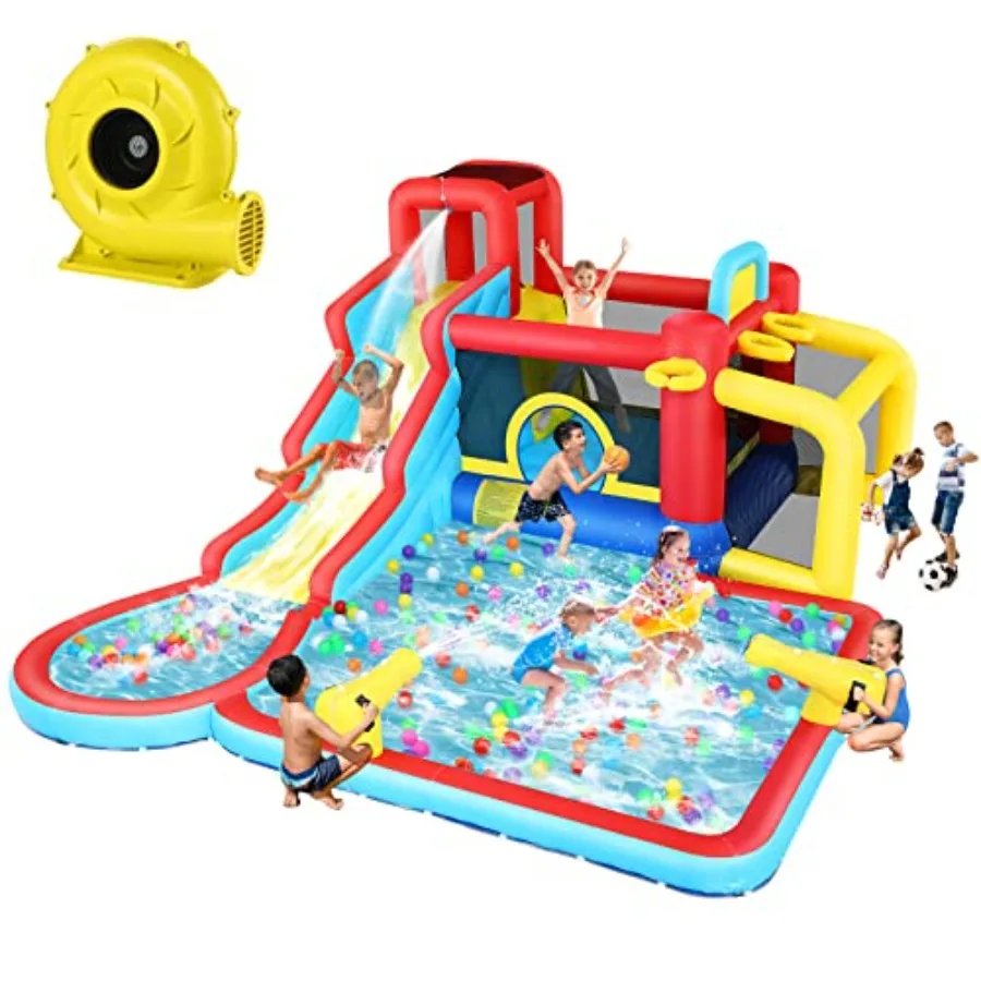 Corrediça de água inflável para casa de salto de água 10 em 1, parque aquático de quintal com corrediça de água longa e grande piscina de respingo, pente seco e molhado