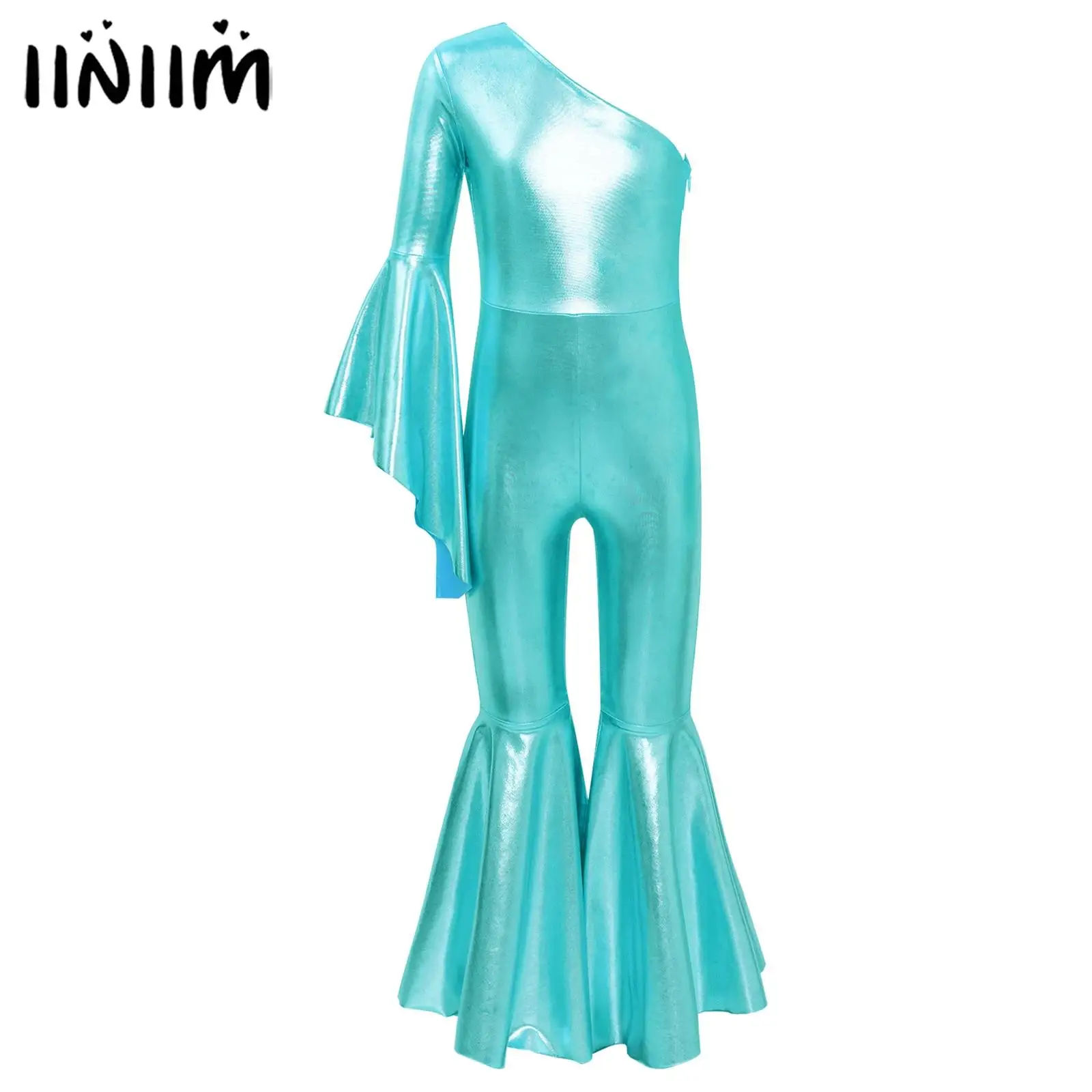 Gymnastics Ballet Tights Jumpsuit for Girls Shiny Metallic  Jazz Disco Dance Outfits One Shoulder And Bell-bottom Playsuit