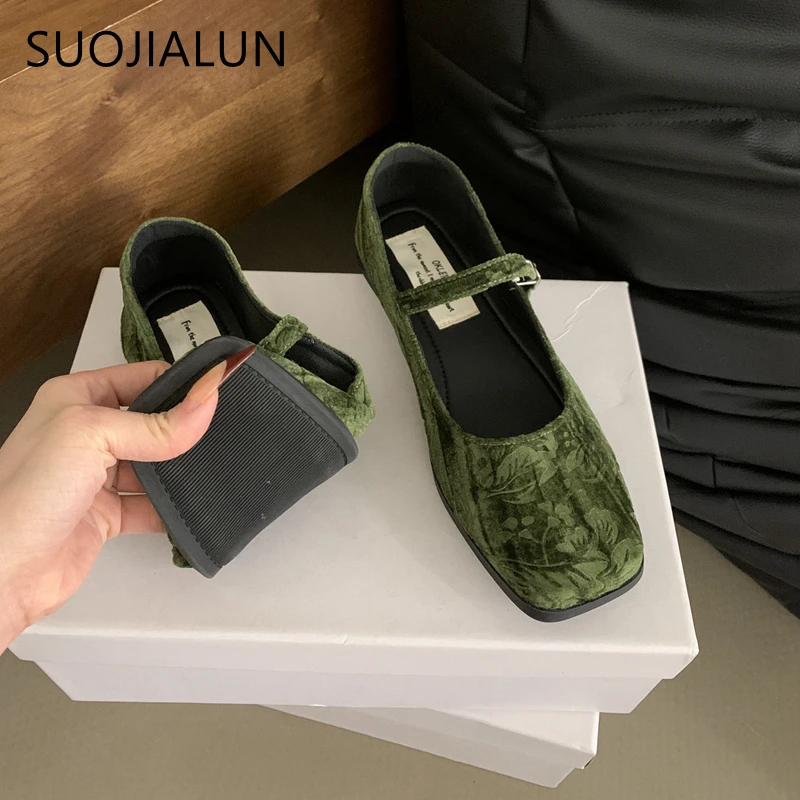 SUOJIALUN 2024 Autumn Women Flat Shoes Fashion Square Toe Sahllow Mary Jane Shoes Soft Sole Outdoor Dress Elegant Boat shoes