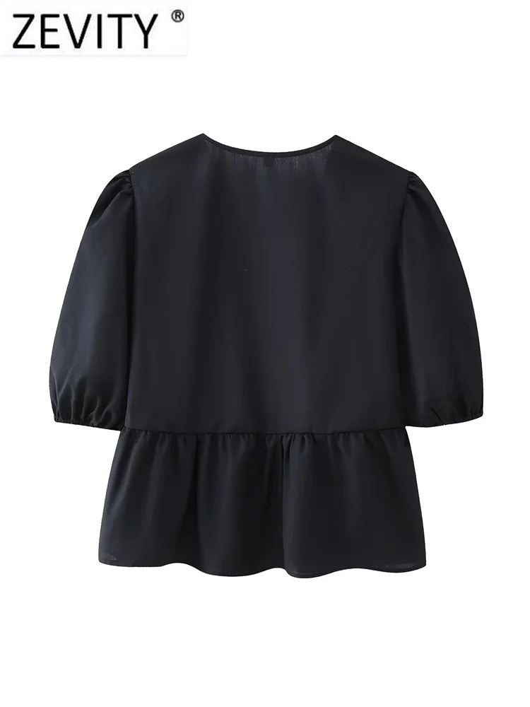 Zevity Women Sweet Black White Color Bow Tied Smock Blouse Female Chic Pleats Puff Sleeve Casual Ruffles Shirt Blusas Tops LS307