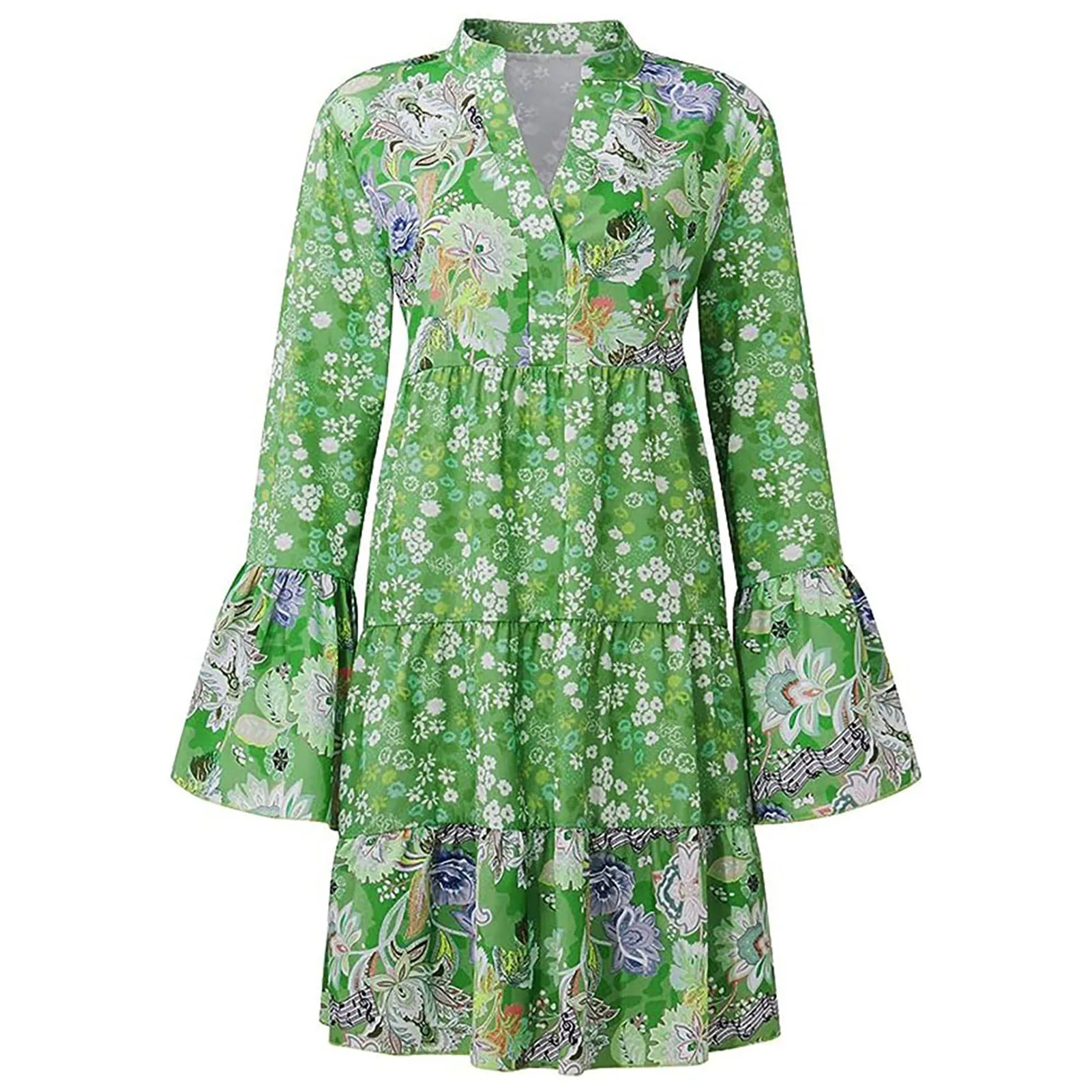 Long Sleeve Smocked Ruffle Dress Female Printed Unique Loose Dress Gift for Mother Woman Lover