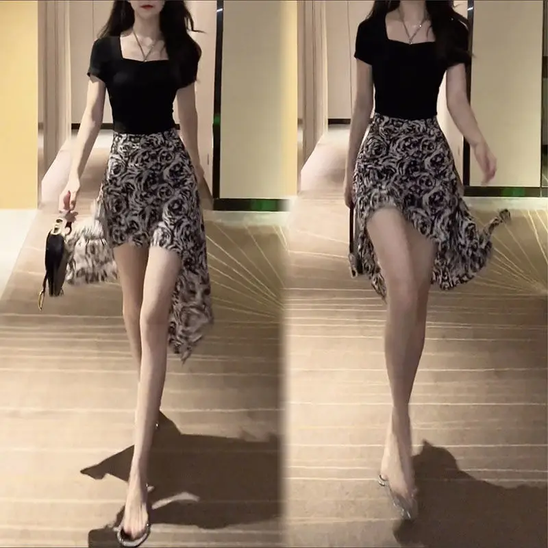 Women's Set High Waist Irregular Rose Print Half Skirt Summer Design Feel Wrapped Hip Skirt Short Sleeve T-shirt Two Piece Set