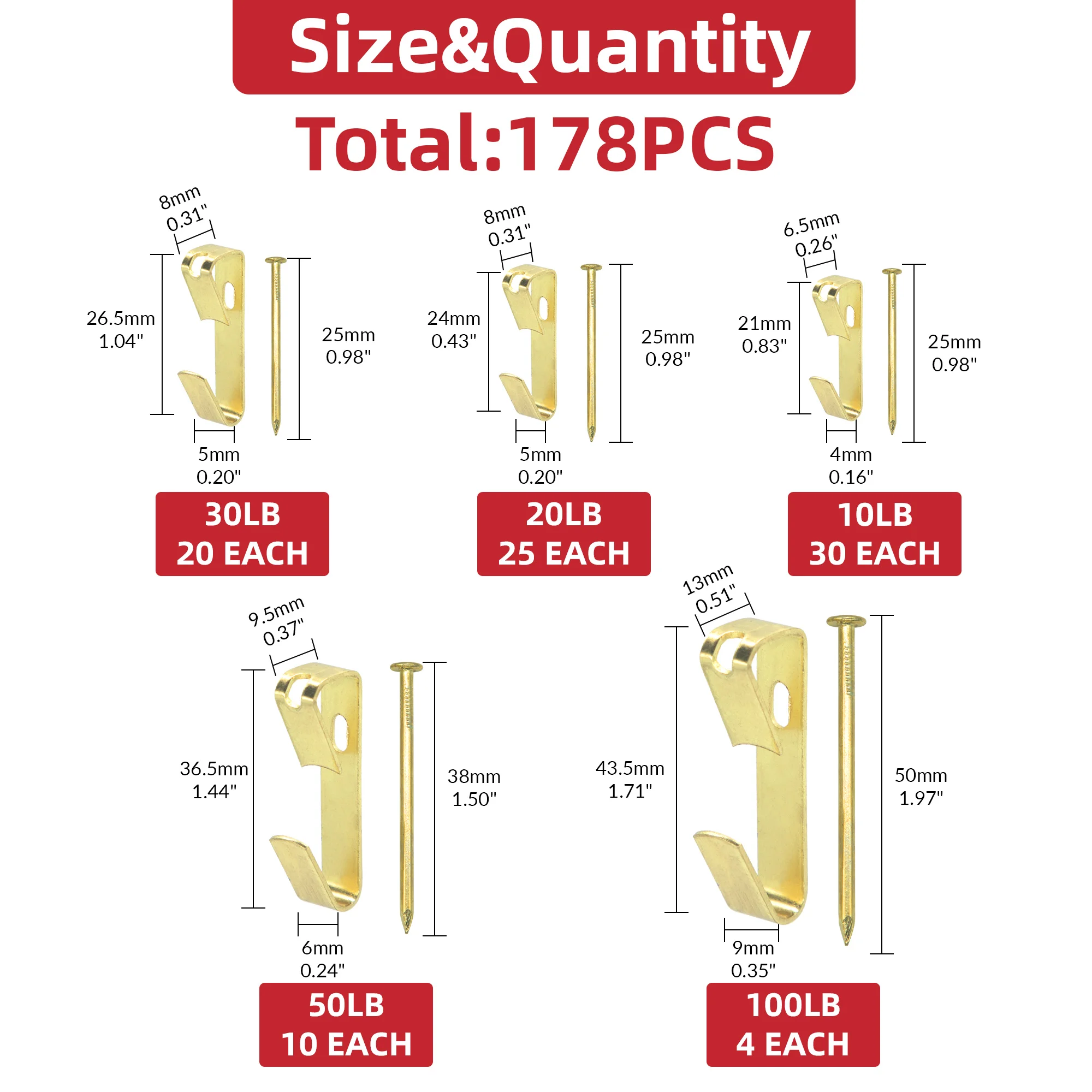 🔥AIMUNOK® 178PCS Gold Wall Hooks Kit W/Nails - 10-100lbs Heavy Duty | Gold-Nickel Plated | Anti-Rust | Storage Box