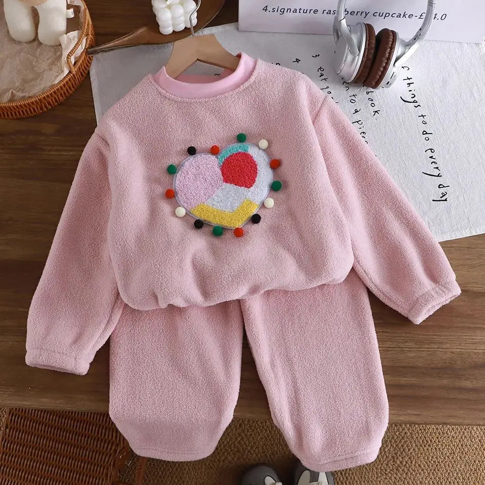

New Autumn And Winter Fleece And Thickened Children's Pajamas For Boys And Girls, Korean-Style Warm Home Wear Sets