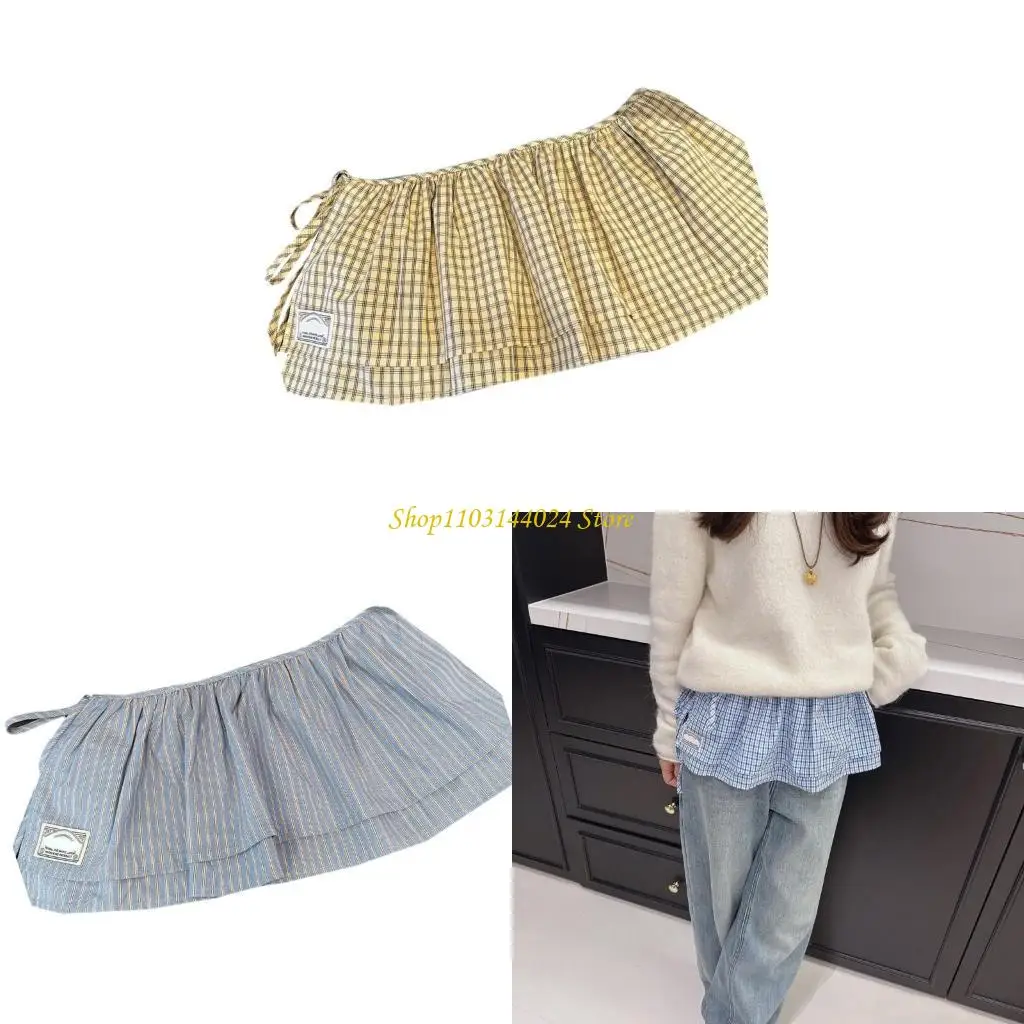 

N5KE Tie Up Plaids Ruffle Apron Skirt with Double Layer Design for Women Decorative Tie Waist Mini Wrap Skirt Overskirt Scarf
