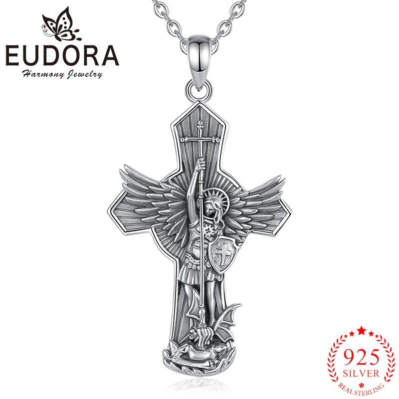 

Eudora стерлингового серебра 925 пробы, ожерелье Святого Михаила Архангела, христианский амулет, крест, кулон, религиозные украшения, подарок для мужчин и женщин