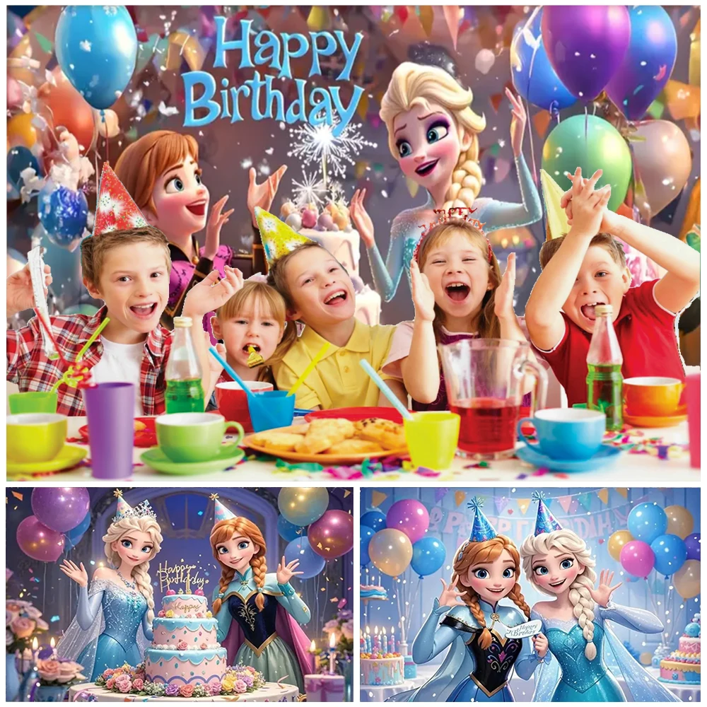 

Disney Frozen Elsa Anna Princess Party Decoration Background Baby Shower Supplies Photography Backdrop PhotoShoot Prop Girl Gift