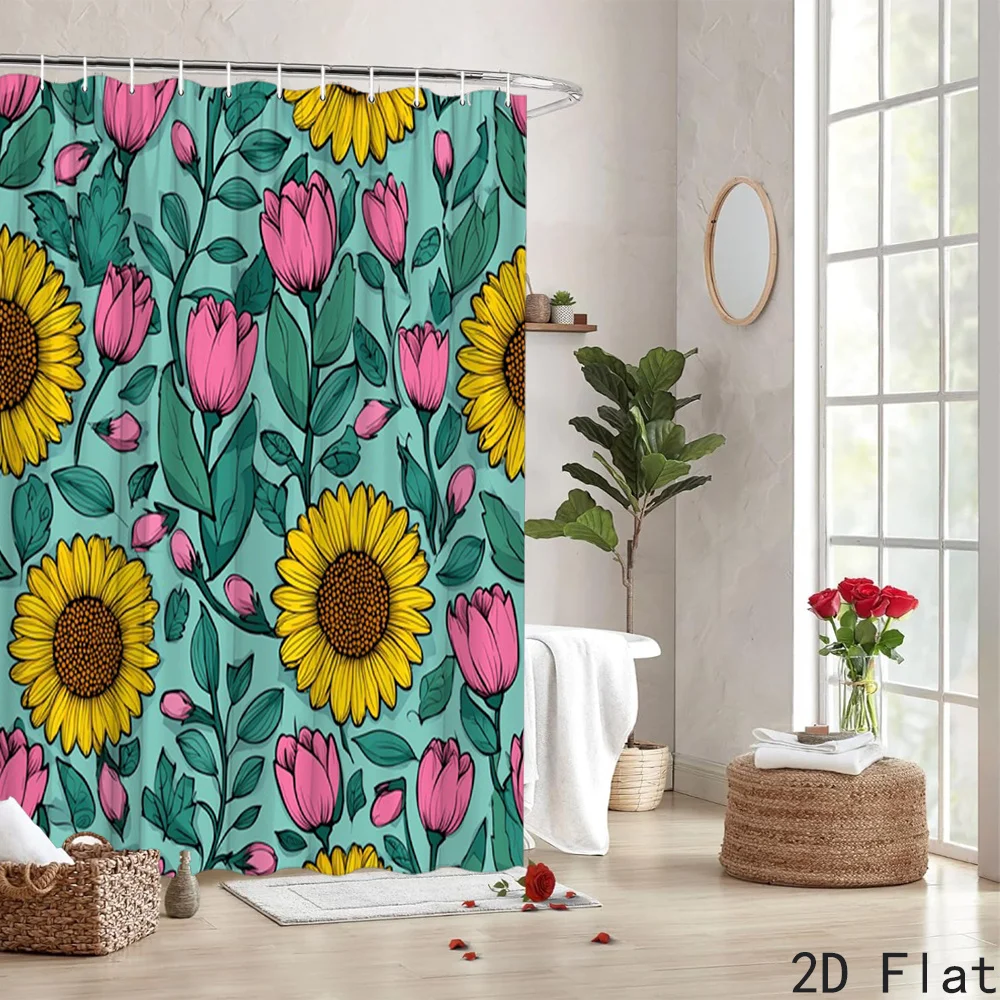 Vibrant Sunflower and Tulip Floral Shower Curtain Waterproof Bathroom Shower Curtain Liners for Home Decor