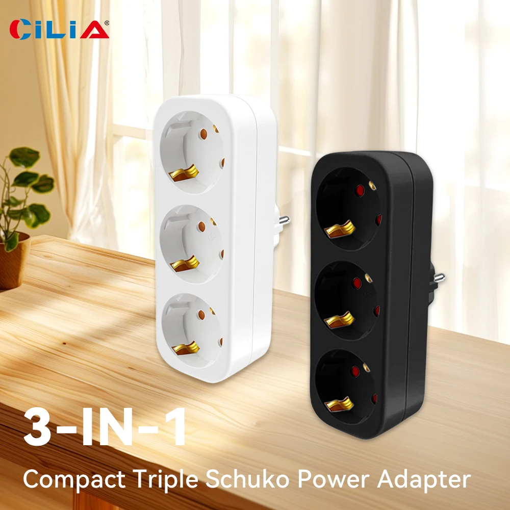 Dual Schuko adapter plug, cableless, 3680 W max, max 250 V / 16 A multiplug, 3-fold