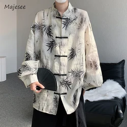 Shirts Men Streetwear Casual Daily Summer Printed Breathable All-match Chinese Style Frog-Button Stand Collar Trendy Unisex Tops