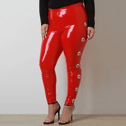 Plus Size Women PVC Latex Leather Pants Sexy Hollow Out PU Leather Trousers Ladies High Waist Bodycon Seamless Leggings Custom