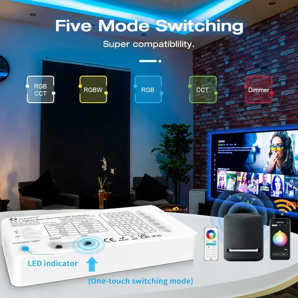 Zigbee Pro Utral Thin Mini 5 em 1 Controlador LED DC5-24V RGBCCT/RGBW/RGB/WWCW/Dimmer LED Controller